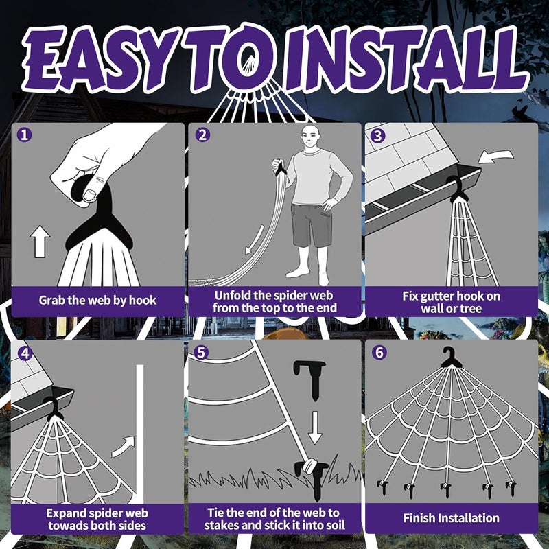 Seifar Halloween Spider Web Lights Giant Spider, 16.4Ft 450 LED Lighted Spider Web with with 8 Lighting Modes Waterproof & Timer for Indoor Outdoor House Haunted Yard Decor,Purple&Orange - Image 5
